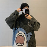 ZAZOMDE Men Turtlenecks Shark Sweater Men 2023 Winter Patchwor Harajuku Korean Style High Neck Oversized Grey Turtleneck For Men