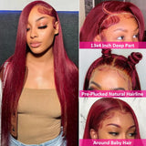 99J Burgundy Brazilian Straight Hair 13x6 Lace Front Human Hair Wigs  Red Colored Pre-Plucked Lace Frontal Wigs For Women