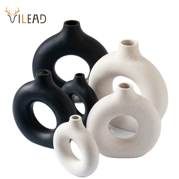 Vilead Circular Hollow Ceramic Vase Donuts Nordic Pampas Grass Home Decoration Accessories Office Living Room Interior Decor