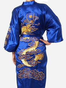 Navy Blue Chinese Men&#39;s Satin Silk Robe Embroidery Kimono Bath Gown Dragon Size S M L XL XXL XXXL S0008