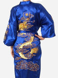 Navy Blue Chinese Men&#39;s Satin Silk Robe Embroidery Kimono Bath Gown Dragon Size S M L XL XXL XXXL S0008