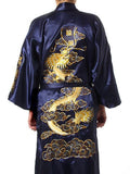 Navy Blue Chinese Men&#39;s Satin Silk Robe Embroidery Kimono Bath Gown Dragon Size S M L XL XXL XXXL S0008