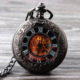 Retro Hand Wind Mechanical Pocket Watch With Fob Chain Mens Hollow Skeleton Dial Black Steel Fashion Quartz Pocket Watch Gifts