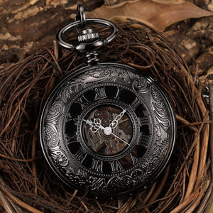 Retro Hand Wind Mechanical Pocket Watch With Fob Chain Mens Hollow Skeleton Dial Black Steel Fashion Quartz Pocket Watch Gifts