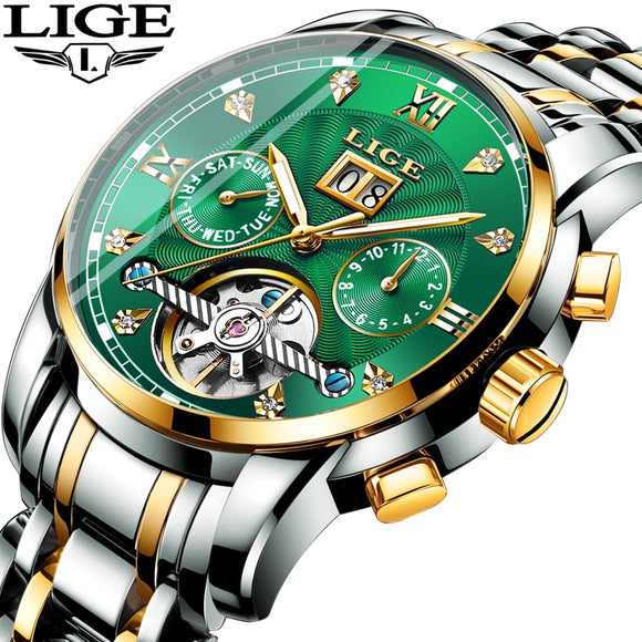 LIGE Business Watch Men Automatic Mechanical Tourbillon Watch Luxury Fashion Stainless Steel Sport Watches Men Relogio Masculino