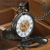 Retro Hand Wind Mechanical Pocket Watch With Fob Chain Mens Hollow Skeleton Dial Black Steel Fashion Quartz Pocket Watch Gifts