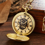 Retro Hand Wind Mechanical Pocket Watch With Fob Chain Mens Hollow Skeleton Dial Black Steel Fashion Quartz Pocket Watch Gifts