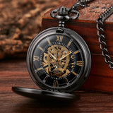 Retro Hand Wind Mechanical Pocket Watch With Fob Chain Mens Hollow Skeleton Dial Black Steel Fashion Quartz Pocket Watch Gifts