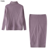 TYHUR Autumn Women's Knitting Costume Turtleneck Solid Color Pullover Sweater + Slim Skirt Two-Piece Set