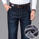 Classic Style Winter Men&#39;s Warm Business Jeans Fashion Casual Denim Stretch Cotton Thick Fleece Denim Pants Male Brand Trousers