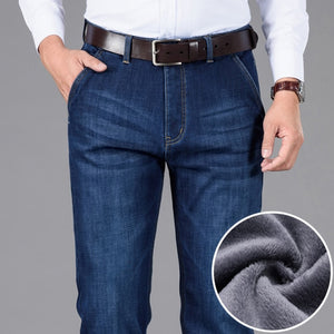 Classic Style Winter Men&#39;s Warm Business Jeans Fashion Casual Denim Stretch Cotton Thick Fleece Denim Pants Male Brand Trousers