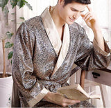 Men&#39;s Robe Nightgown Satin Kimono Bathrobe Gown Casual Sleepwear Plus Size Print Gold Home Dressing Gown 3XL 4XL 5XL