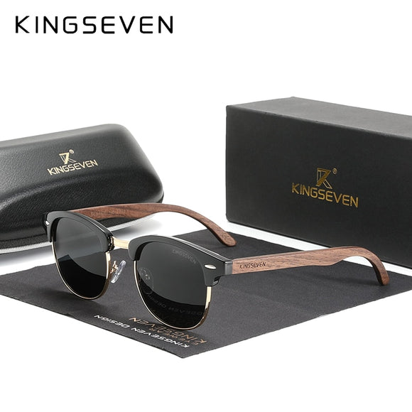 KINGSEVEN Handmade 2021 Black Walnut Wooden Sunglasses Men Polarized UV400 Protection Semi-Rimless Retro Eyewear Women Oculos