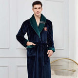 Autumn Winter Nightdress Blue Men Casual Coral Fleece Sleepwear Warm Couple Home Wear Flannel Belt Pyjamas Kimono Bathrobe Gown