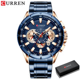 CURREN New Casual Sport Chronograph Men's Watches Stainless Steel Band Wristwatch Big Dial Quartz Clock with Luminous Pointers