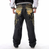 Mens Jeans Top Rushed Stripe Loose Hip Hop Jeans Men Printed Hiphop Demin Pants Tide Trousers Embroidered Flower Wings