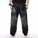 Mens Jeans Top Rushed Stripe Loose Hip Hop Jeans Men Printed Hiphop Demin Pants Tide Trousers Embroidered Flower Wings