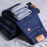 Winter New Men Fleece Warm Jeans Classic Style Business Casual Regular Fit Thicken Stretch Denim Pants Male Brand Trousers