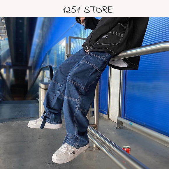 Men Jeans Wide Leg Denim Cargo jean pants Loose Straight Baggy Men's Jeans hip hop Streetwear Skateboard  Neutral denim Trousers