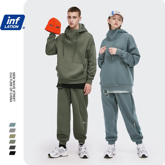 INFLATION Men Thick Fleece Tracksuit 2021 Winter Warm Sweatshirt Set For Couple High Collar Oversized Hoodies Men Sweatpant Set